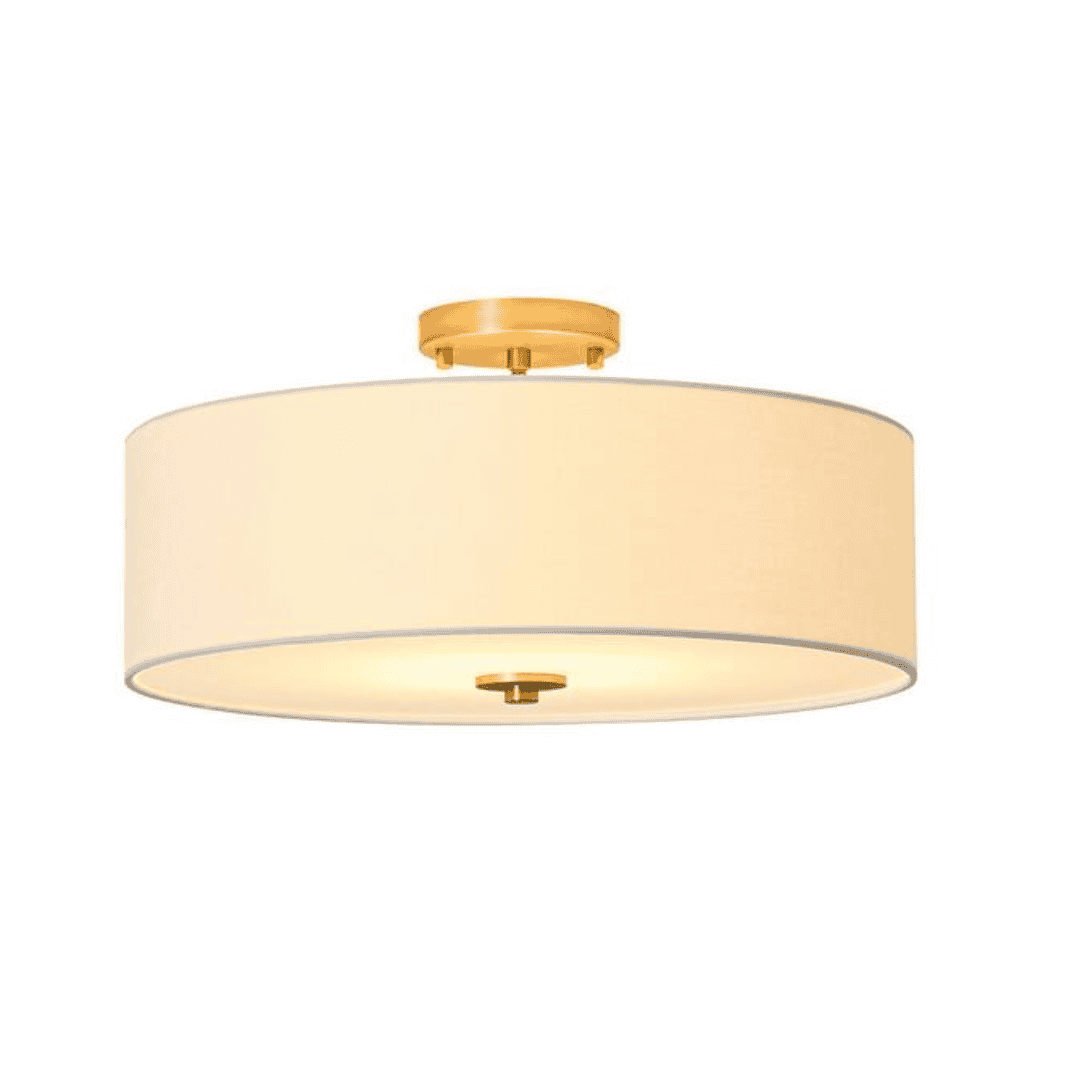 HUOKU PD1078761 Haven 4-Light 18 in.W Brass Modern Semi-FlushMount Round Drum Ceiling Light with Fabric Cover and Acrylic Lens for Foyer