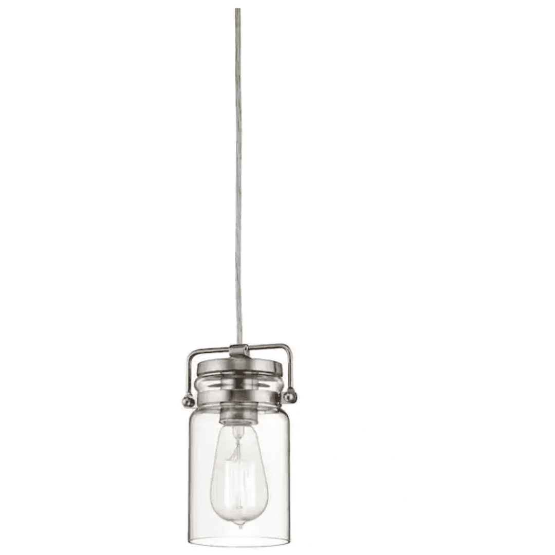 KICHLER 42878NI Brinley 1-Light Brushed Nickel Vintage Industrial Mason Jar Kitchen Mini Pendant Hanging Light with Clear Glass