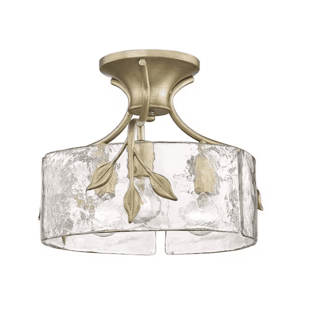 Golden Lighting 3160-SF WG-HWG Calla 15.125 in. 3-Light White Gold and Hammered Water Glass Semi-Flush Mount