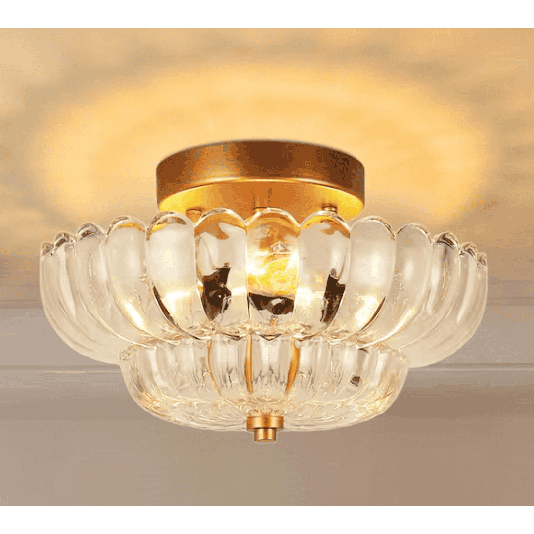 YANSUN HA-BX16101CQGD7-1AP2 12 in. 3-Light Gold Semi Flush Ceiling Light with Warm Amber Glass for Bedroom, Hallway, Living Room