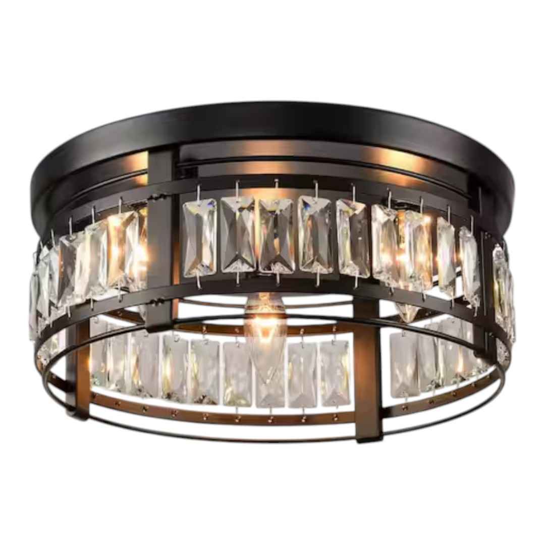 IHOMEadore MD-C2270110V 13.3 in. 3-Light Matte Black Modern Drum Crystal Flush Mount Ceiling Light