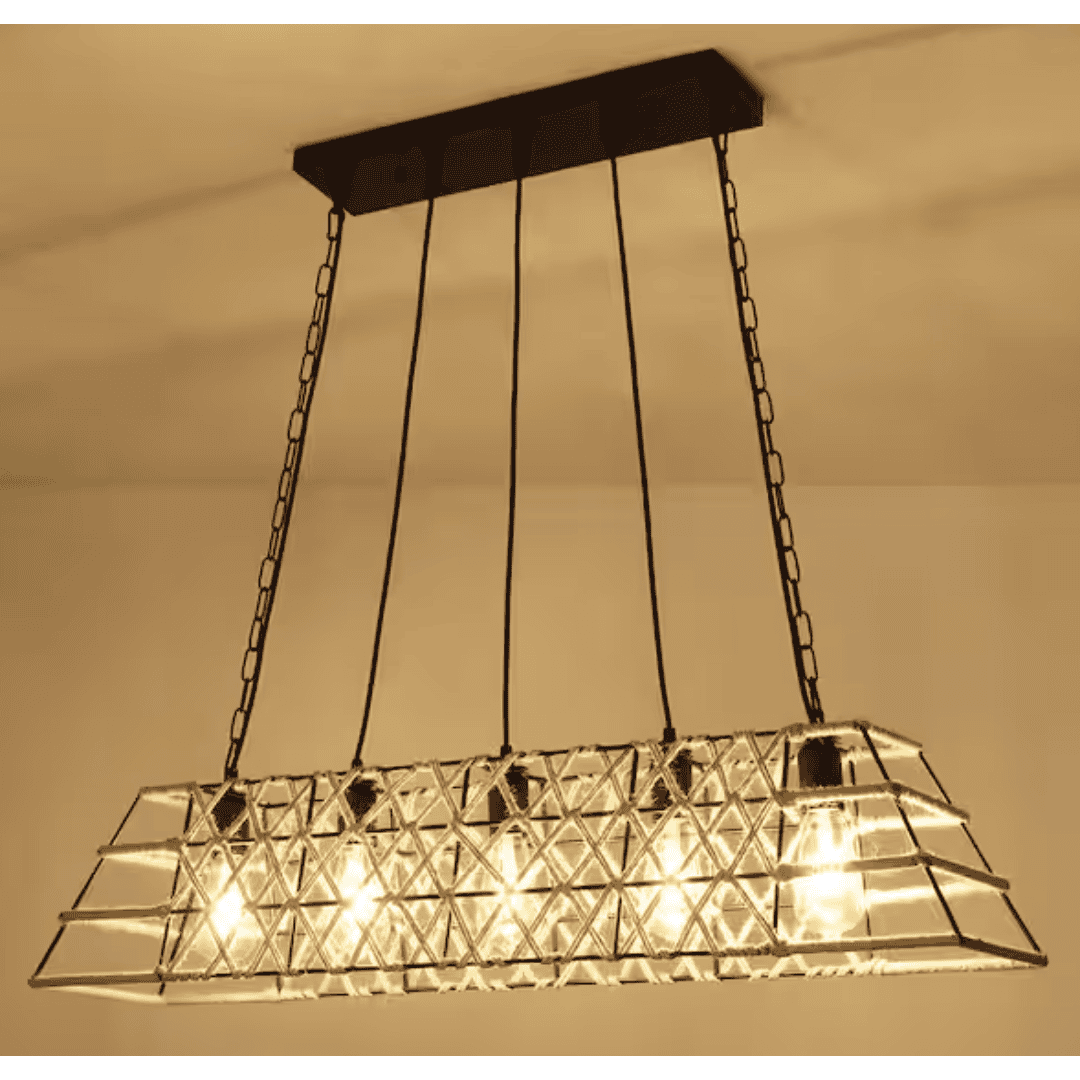 LWYTJO ZJD00106-5-B+BN-UL 5-Light Black Kitchen Island Pendant Linear Vintage Chandelier, Rectangular Open Frame Shade Wrapped with Hemp Rope