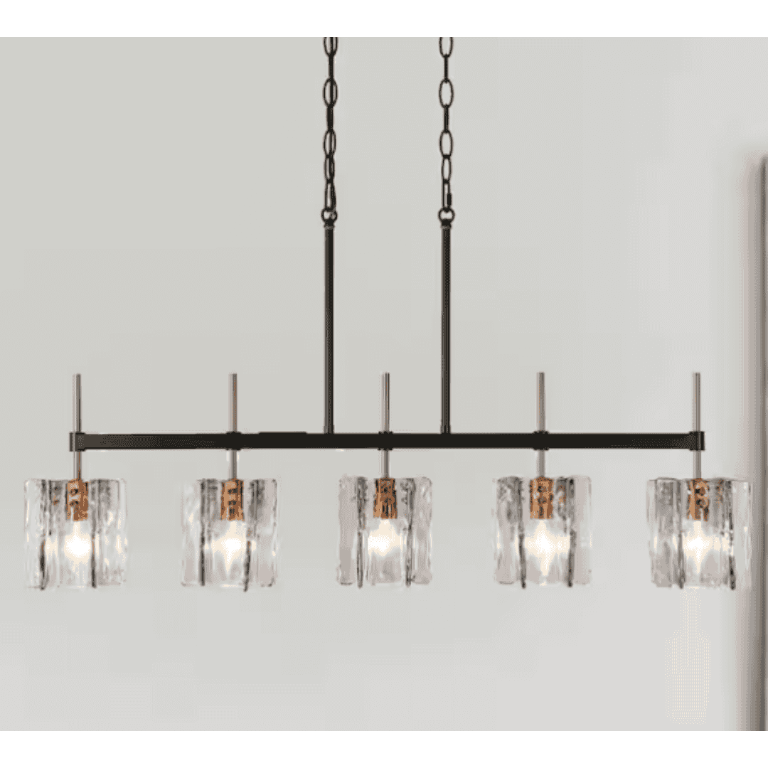 LNC LIYFFQ287H5F8C Echonalyri Modern 5-Light Glam 35.4 in. W Black and Brass Island Chandelier with Geometric Gray Textured Glass Shades