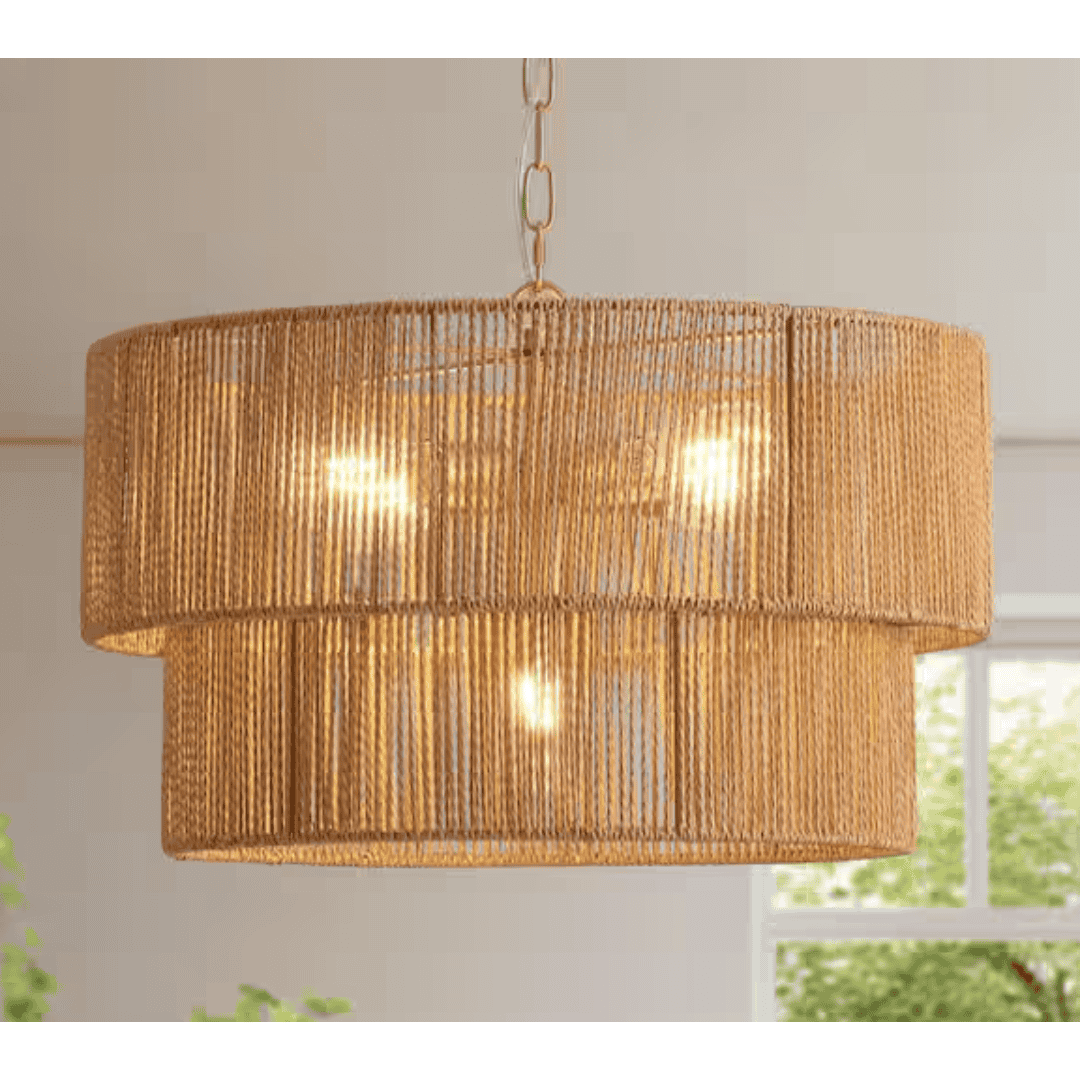 TinHon ZS-PZ075YL05 Boho 5-Light Gold Chandelier with Hand-Woven Double Drum Rope Shade for Dining Room, Bedroom or Entryway