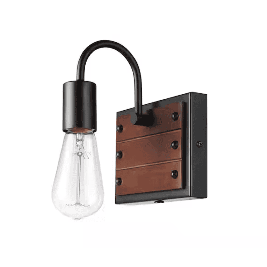 Globe Electric 51802 Williams 6 in. 1-Light Matte Black Wall Sconce Light with Plug-In or Hardwire Option and Faux Wood Accent for Indoor Use
