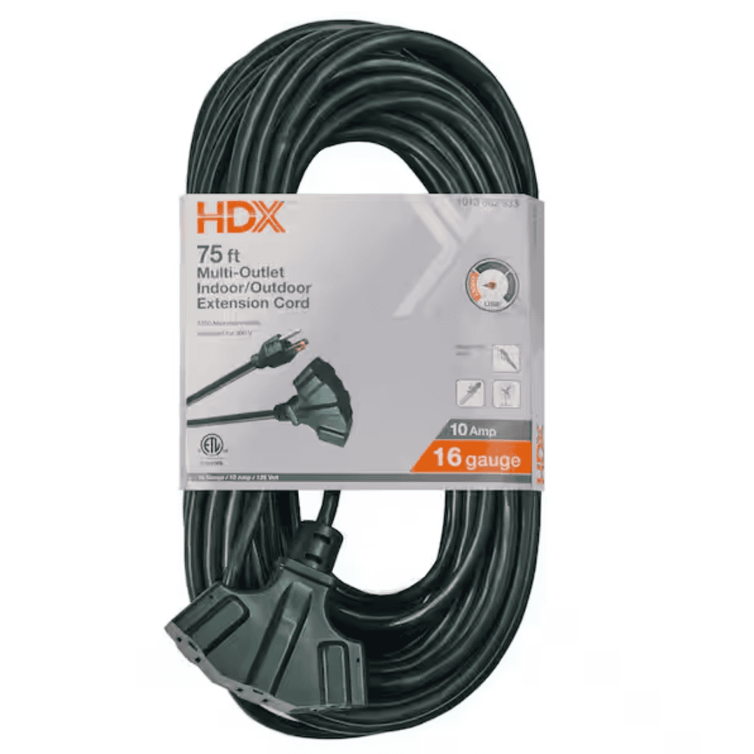 HDX SJTW163075GNPB 75 ft. 16/3 Light Duty Indoor/Outdoor Extension Cord with Multiple Outlet Triple Tap End, Green
