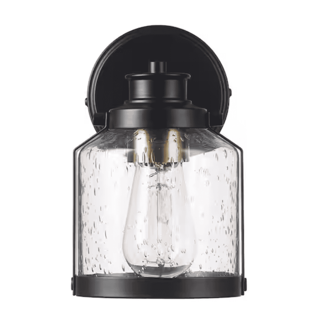 Globe Electric 65000001 Roy 7 in. 1-Light Bronze Wall Sconce Light with Plug-In or Hardwire Option, Brass Accent and Seeded Glass for Indoor Use