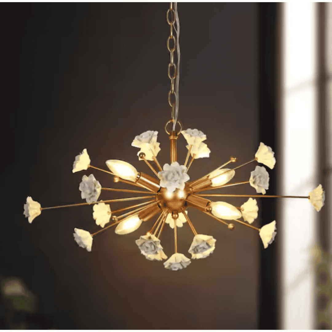 Uolfin 62838BN6ZFY81H4 Modern Gold Dining Room Chandelier, 4-Light Cluster Kitchen Island Chandelier with White Ceramic Flowers