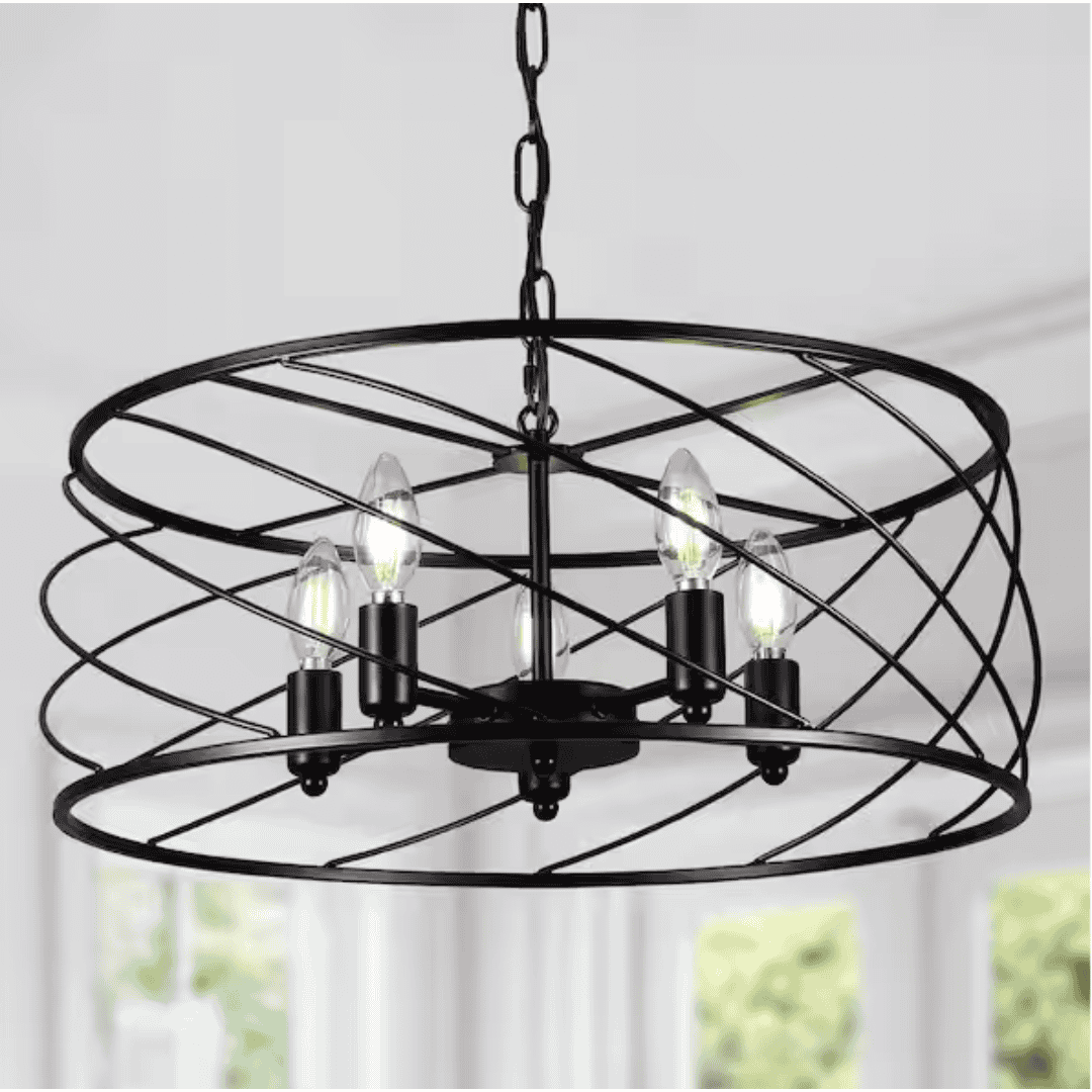 Oaks Aura FC4077-B Lumiera 20 in. 5-Light Matte Black Modern Industrial Caged Chandelier with Adjustable Chain Dinning Room, Kitchen Island