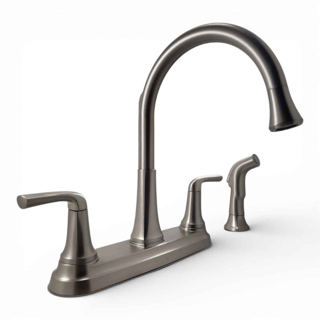 Model F-036-4LRGS (Nationally Known Retailer) Double Handle Deck-Mount Kitchen Faucet with Optional Side Sprayer in Stainless Finish