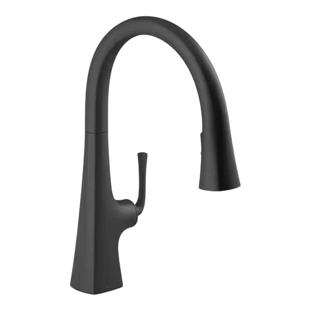 KOHLER K-22062-BL Graze Single-Handle Pull-Down Sprayer Kitchen Faucet with 3-Function Sprayhead in Matte Black