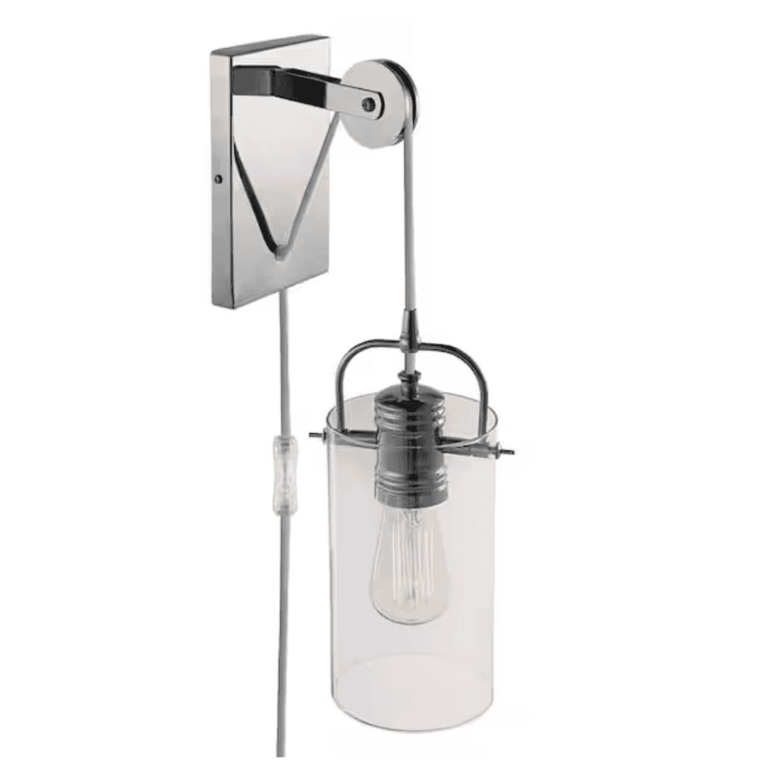 Globe Electric 51792 Allen 4.64 in. 1-Light Chrome Wall Sconce Light with Clear Glass Shade and Plug-In or Hardwire Option for Bedroom