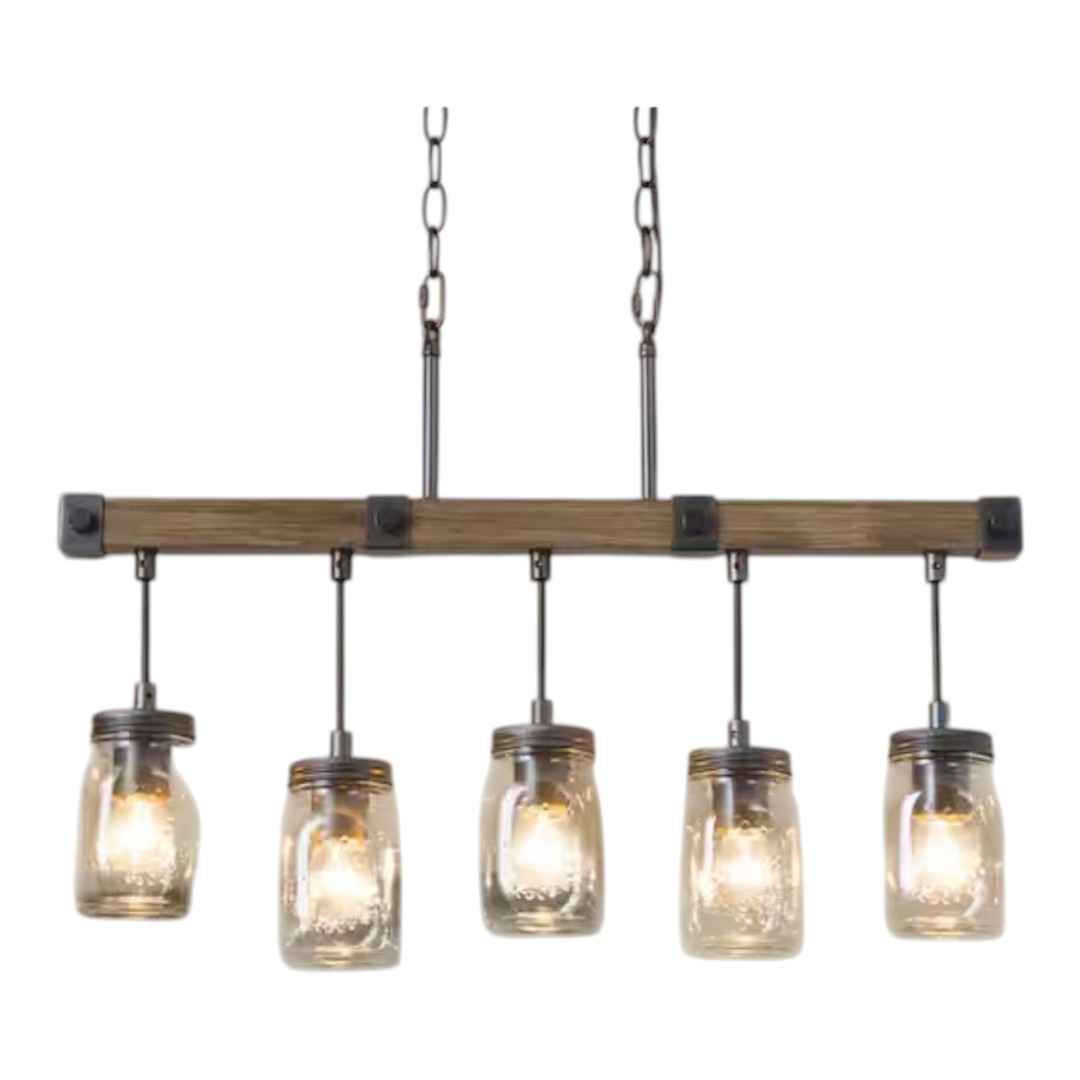 LNC RIUIFUHD1385167 Morice Modern Farmhouse Linear Chandelier 5-Light Rustic Black Classic Mason Jar Island Pendant with Faux Wood Accent