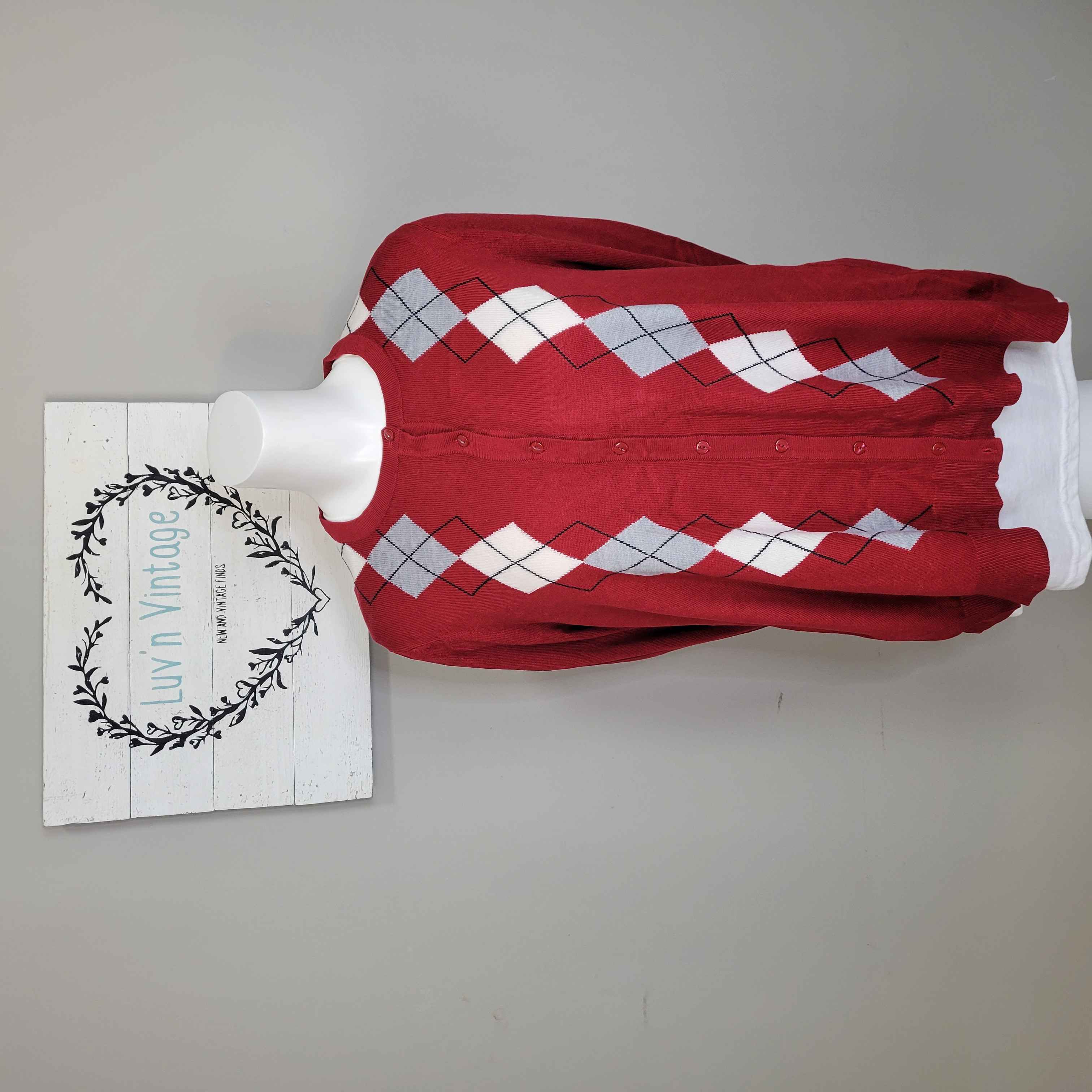 Croft & Barrow Red Argyle Button Front Cardigan Sweater Women