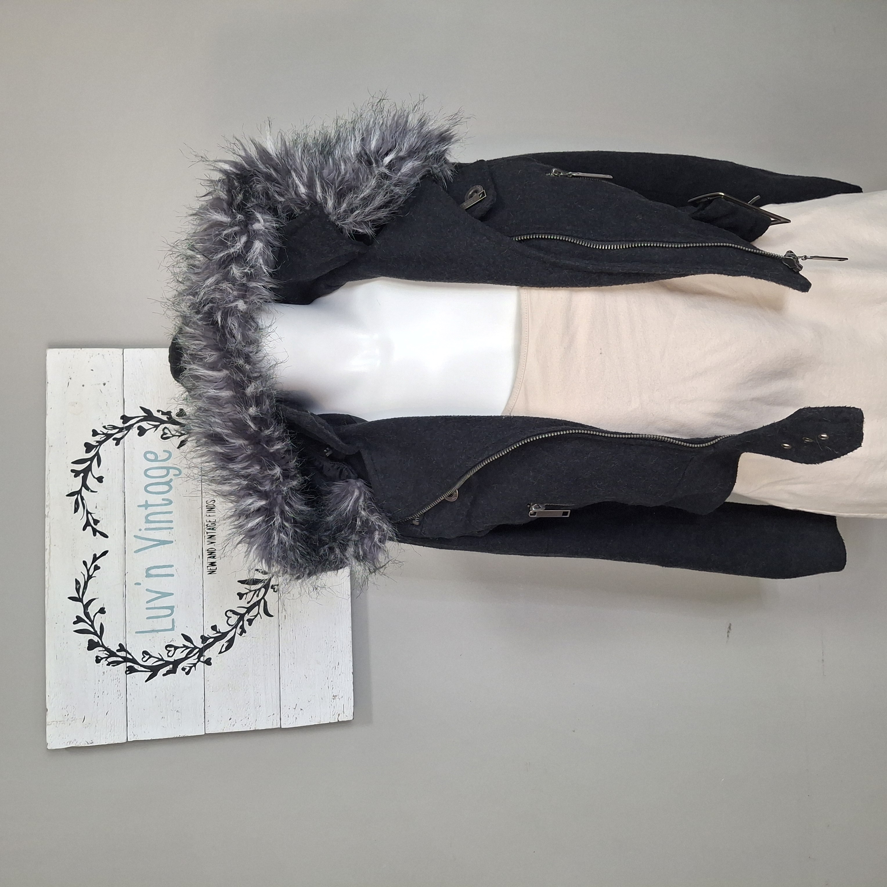 JouJou Girls Charcoal Grey Faux Fur Hooded Moto Jacket Size Medium 10 12