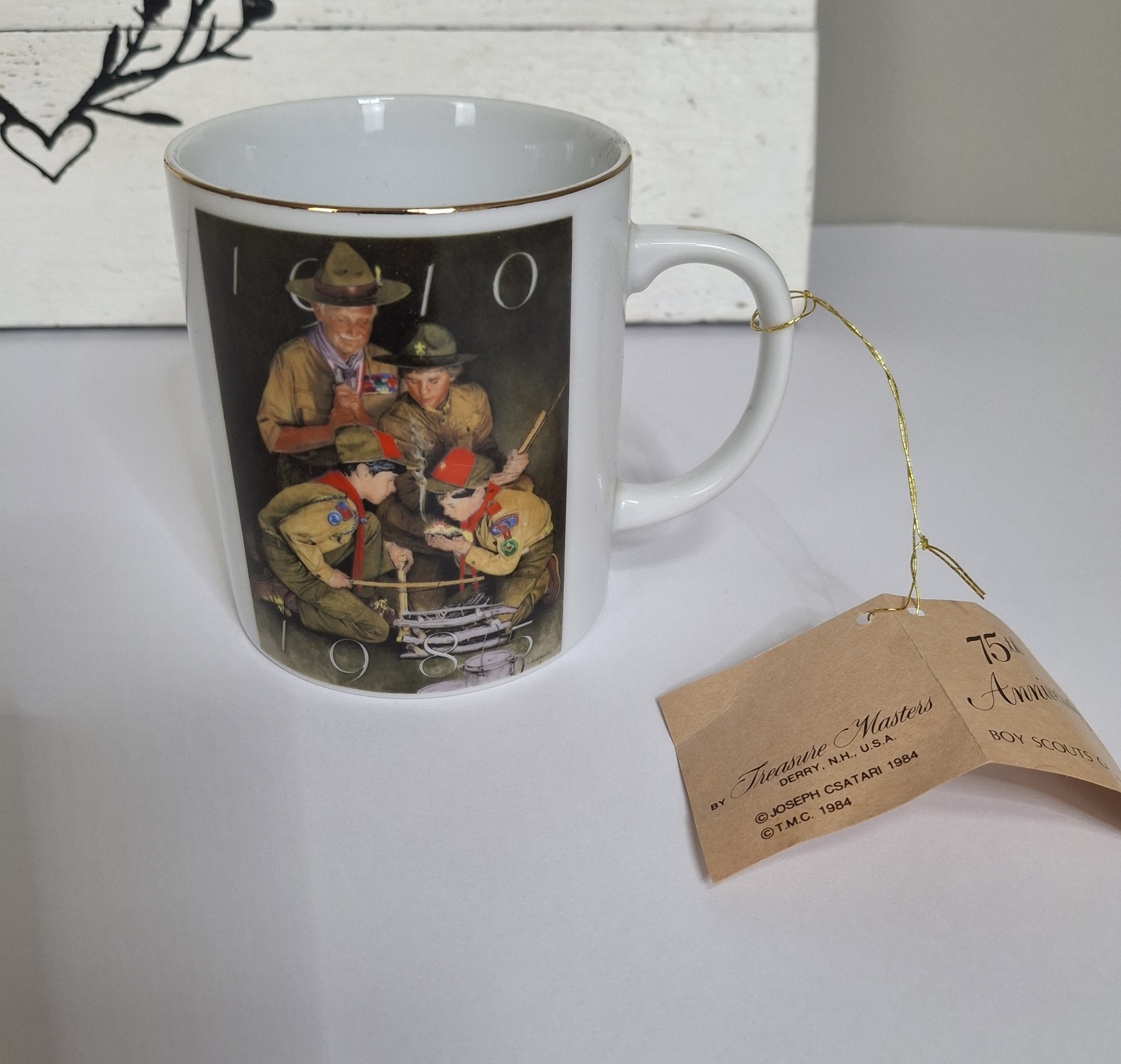 boy-scouts-75th-anniversary-joseph-csatari-mug-treasure-masters-1984-gold-rim
