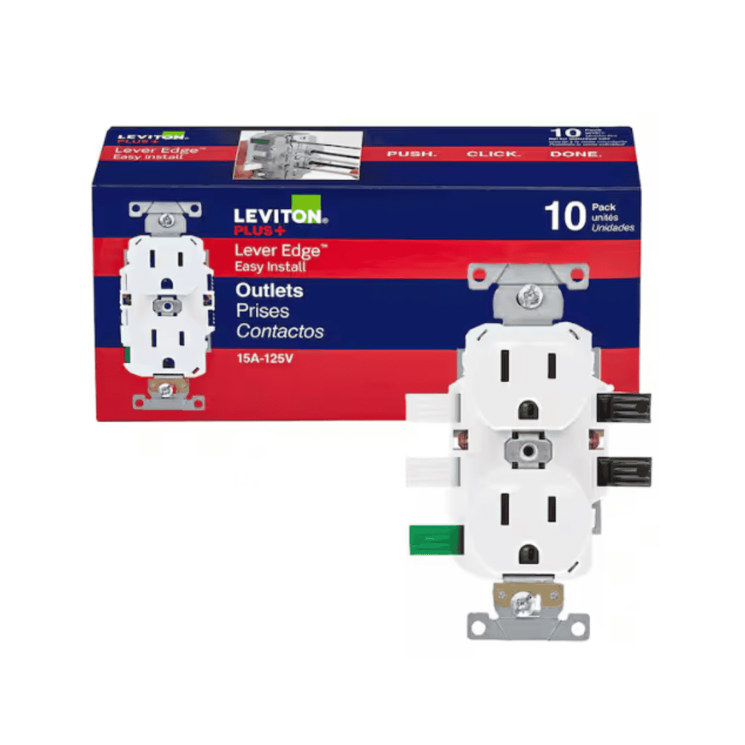 Leviton M02-ECBR1-WMP Lever Edge Easy Install 15 Amp 125-Volt Duplex Outlet/Receptacle, Commercial Grade, White (10-Pack) ECBR1-WMP