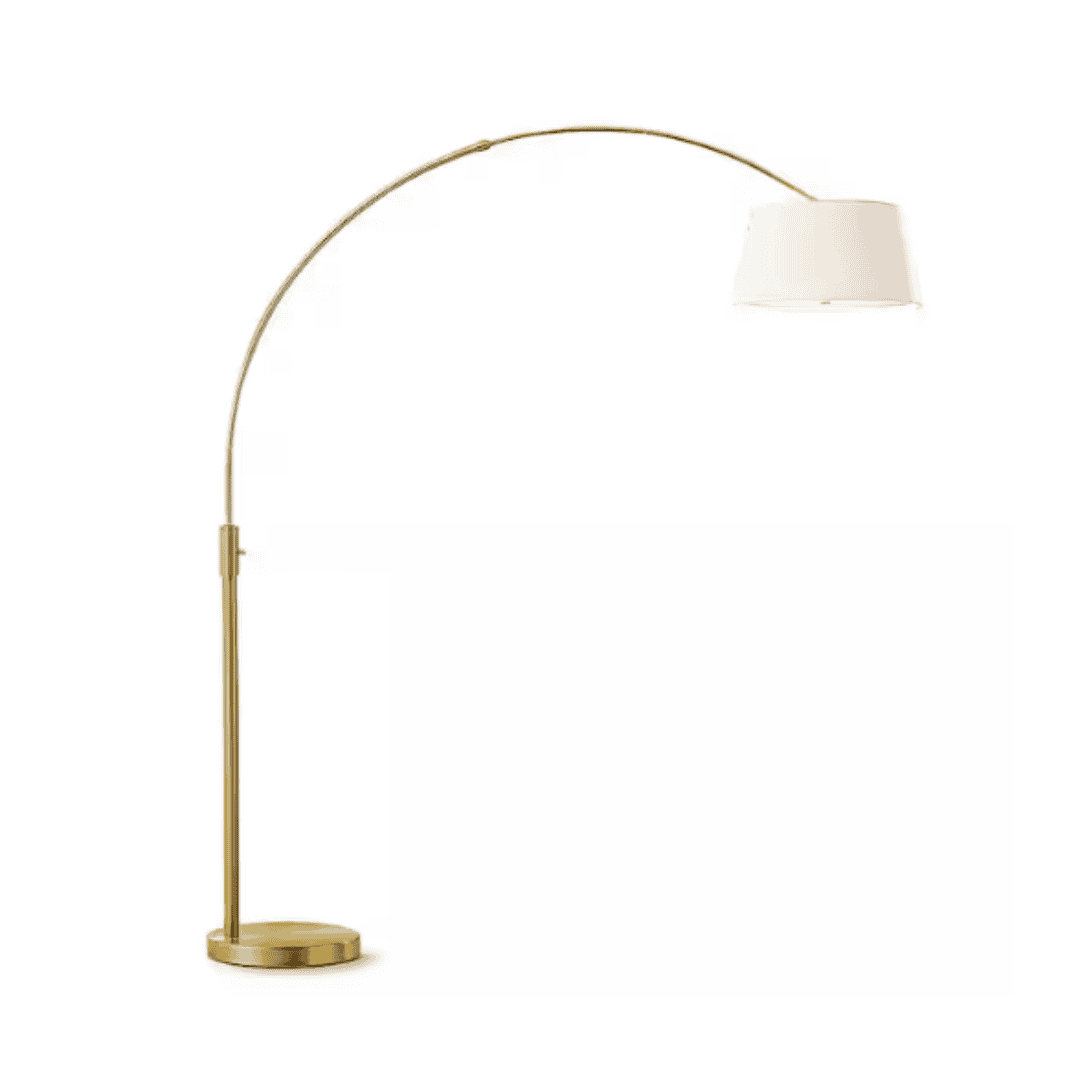 HomeGlam HL6013-AB-WH Orbita 82 in. Antique Brass Furnish LED Dimmable Retractable Arch Floor Lamp, Bulb Included with Empire White Shade