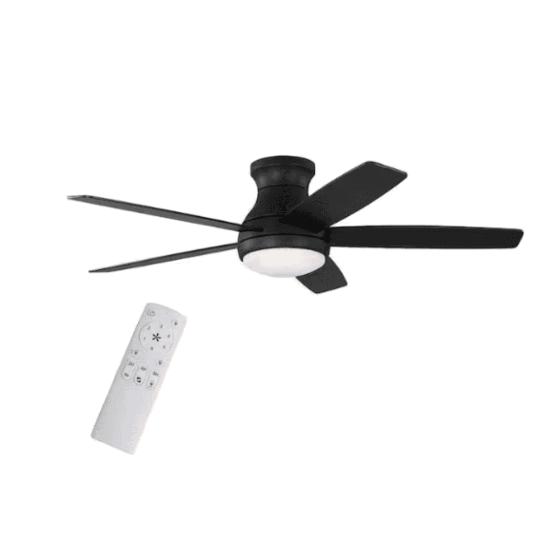 Hampton Bay 85211 Banksville 52 in. Matte Black Flush Mount Standard Ceiling Fan with White Adjustable LED Light, DC Motor, and Remote