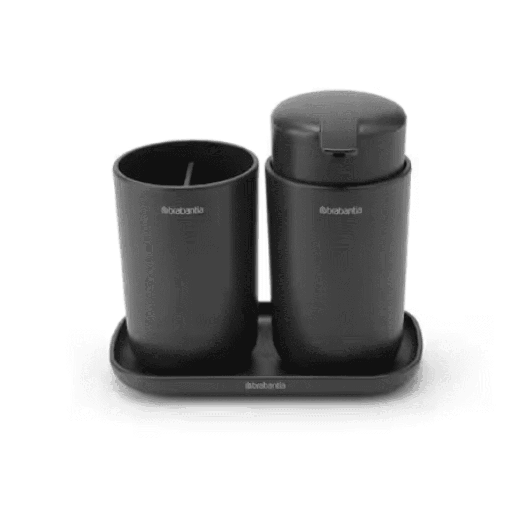 Brabantia 280368 ReNew 3-Piece Bathroom Accessory Set with Soap Pump, Toothbrush Holder and Tray in Gray
