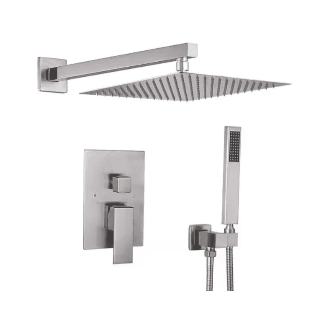 HOMEMYSTIQUE NSSS05212N Single Handle 2-Spray 12" Rainfall Shower Faucet Fixture Combo Set 2.5 GPM Shower System with Handheld in Brushed Nickel