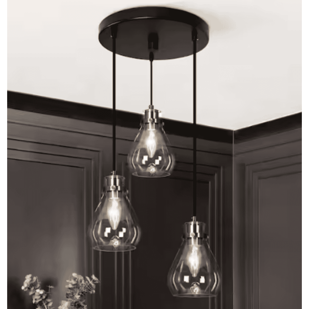 Uolfin 628T8N6V3M24780 Modern Black and Brass Chandelier 3-Light Height Adjustable Ceiling Light with Teardrop Clear Glass Shades
