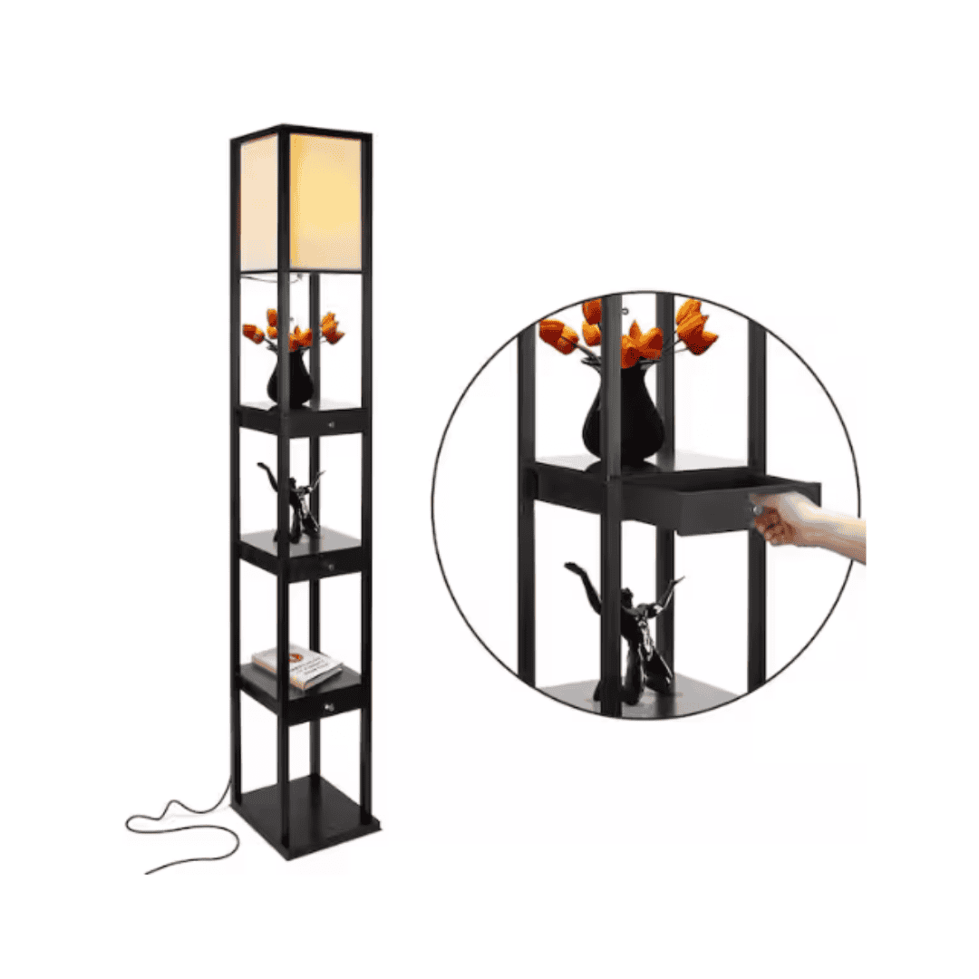 Brightech 7C-E04U-P3F6 Maxwell 72 in. Classic Black Traditional 1-Light LED Energy Efficient 3-Drawer Floor Lamp with Beige Fabric Square Shade