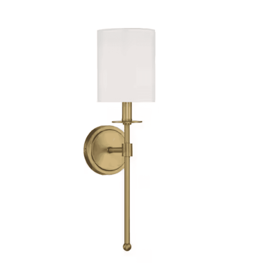 Savoy House M90057NB 5 in. W x 20 in. H 1-Light Natural Brass Wall Sconce with White Fabric Shade