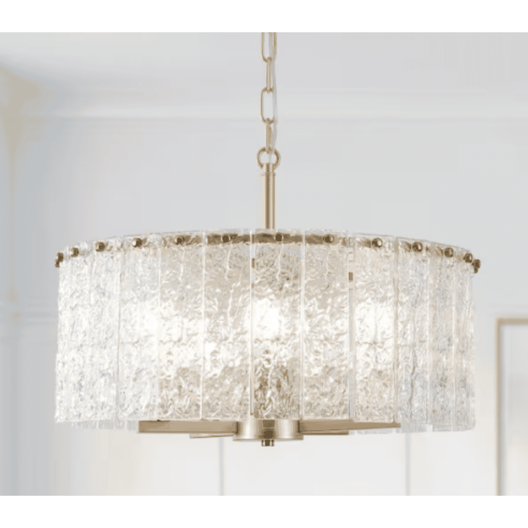 HLJYNJM DMZJD000495PG 5-Light Gold Farmhouse Height Adjustable Chandelier with Ripple Glass Drum Shade for Kitchen Island