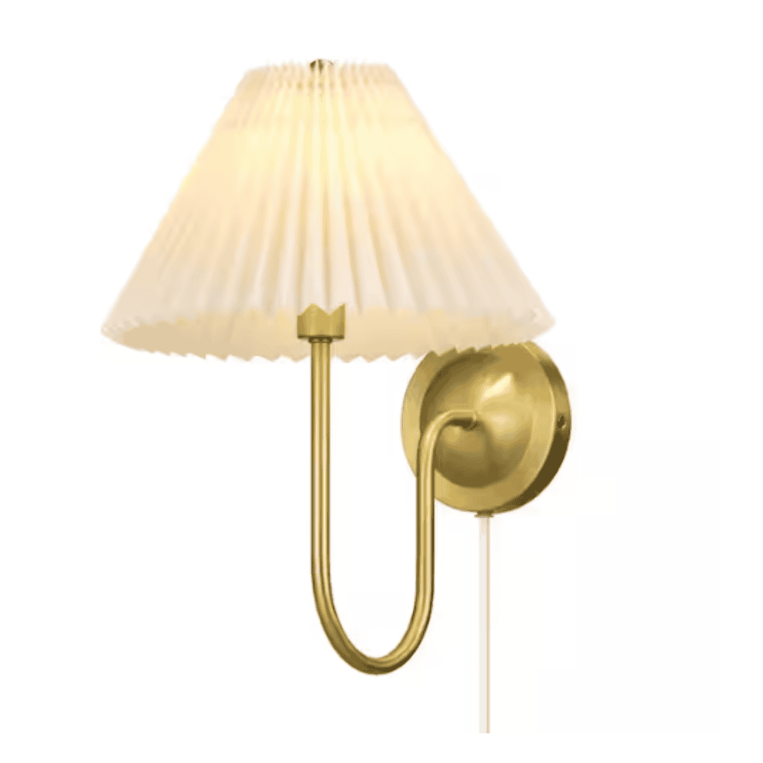 Globe Electric 91010473 Delphine 11 in. 1-Light Matte Brass Plug-In or Hardwire Wall Sconce with Pleated Fabric Shade, Living Room, Bedroom