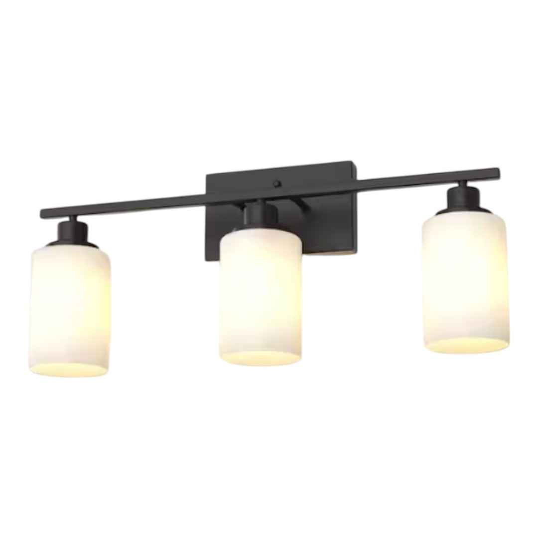 YANSUN HA-JQ01102CBL-1AP3 24 in. 3-Light Matte Black Industrial Bathroom Vanity Light with White Glass Shades,Wall Mount Over Mirror Light Fixture
