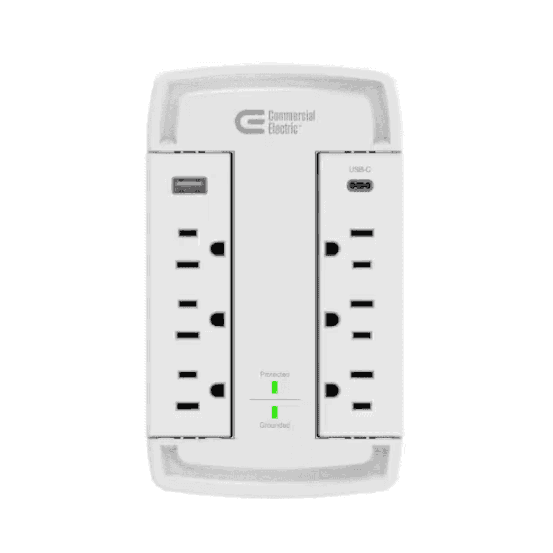 Commercial Electric HDP6WSUCW 6-Outlet Wall Mounted Swivel Surge Protector with 1 USB-A and 1 USB-C, White
