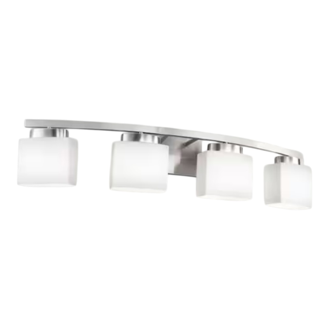 YANSUN HA-JQ34301DNK-1A 33.5 in. 4-Light Nickel Modern Square Vanity Light for Bathroom, Bedroom with Curved Arms and Milk White Glass Shades