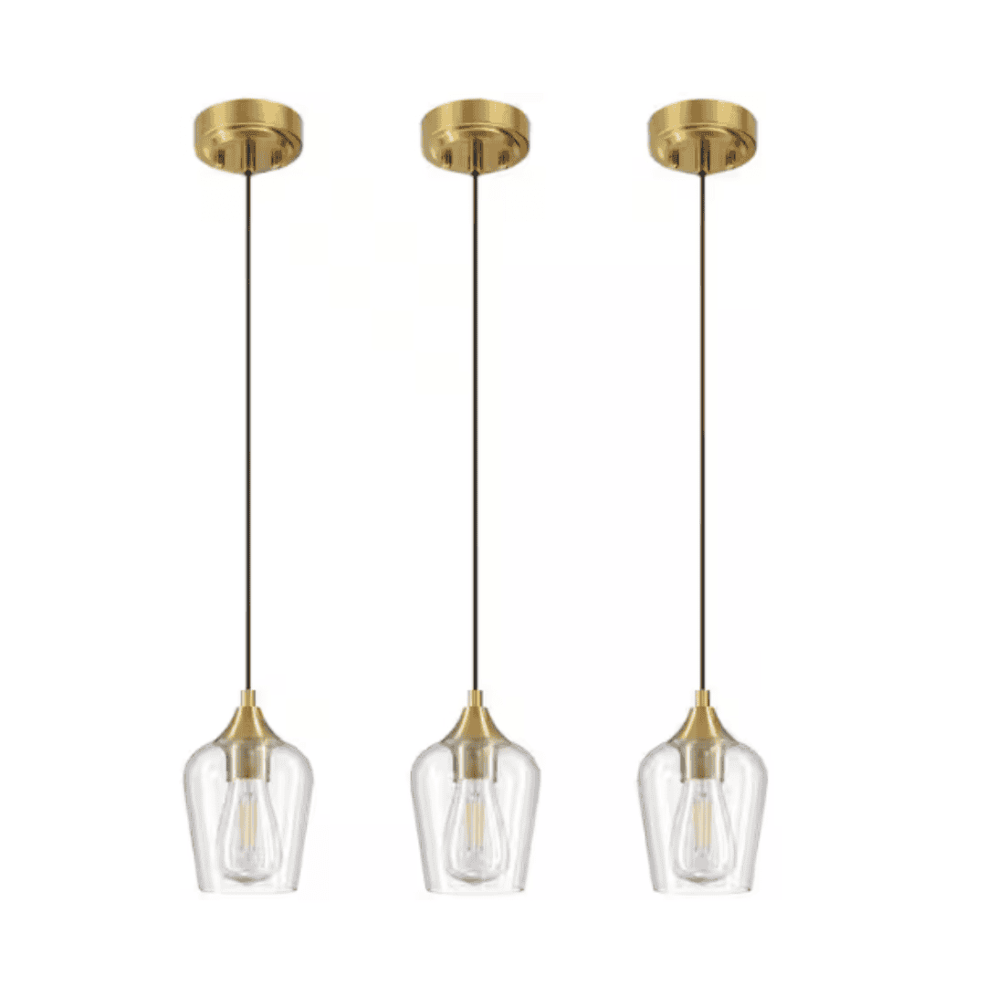 Merra PDL-150G-3P-BNHD-1 60-Watt 1-Light Brushed Gold Mini Pendant Light with Clear Glass Shade and Adjustable Height, 3-Packs
