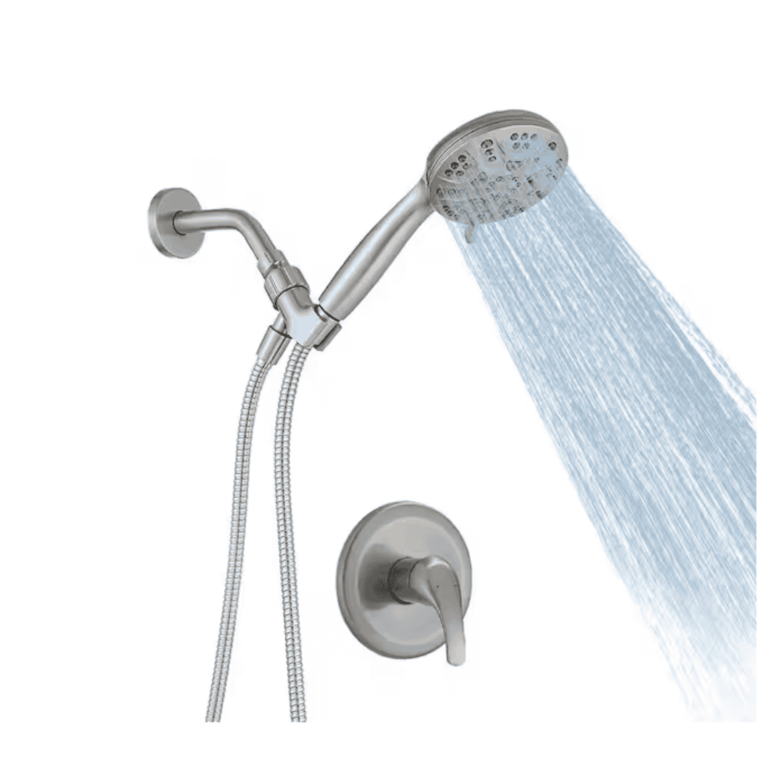 BWE A-98021-N Single Handle 6-Spray Shower Faucet Set Trim Kit 1.8 GPM with Valve and Filtered Handheld Shower Head in. Brushed Nickel