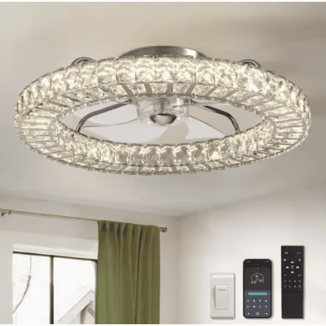 Pacific Core HDSAT-1103-02 22 in. LED Smart Indoor Chrome Flush Mount Fandelier Low Profile Ceiling Fan with 3-Color Change and Remote Control