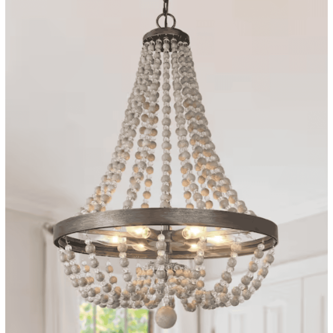 LNC A03403 Farmhouse Brushed Black Crystal Beaded Chandelier 6-Light Wood Island Basket Pendant Lighting for Dining Room