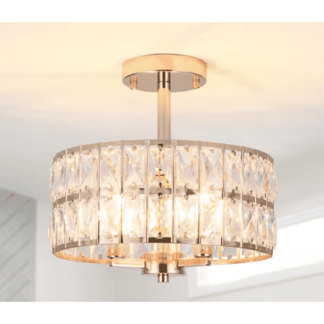 ZJX00038-3-FG-UL 12.59 in. Koyal 3-Light Round Gold Drum Chandelier Semi Flush Mount Ceiling Light with Clear Crystal Glass Drum Shade