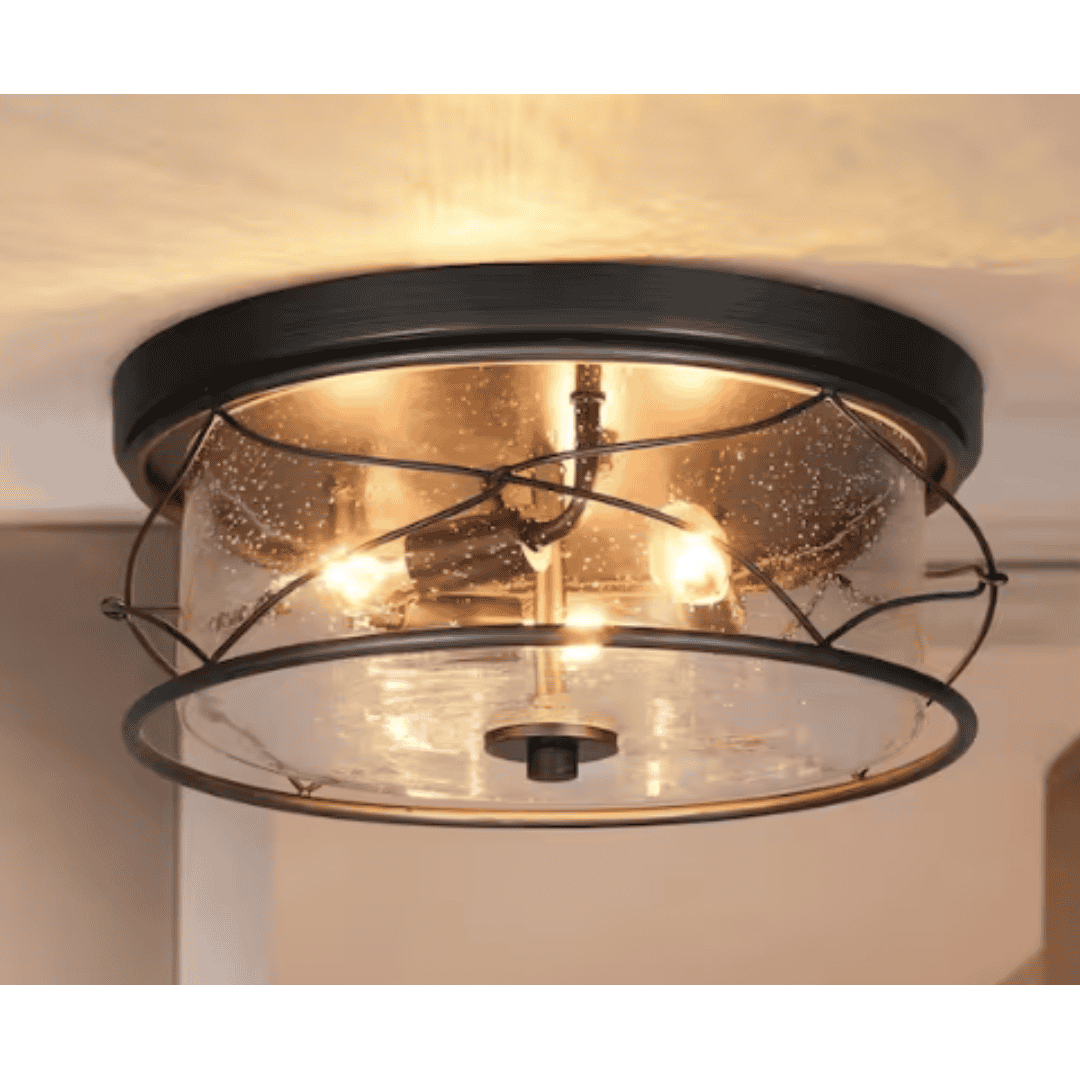 Zevni Z-I8UJYUYR-61C3 Industrial 3-Light Brushed Antique Silver Flush Mount Light,Vintage 13.5 in. Drum Seeded Glass Ceiling Light for Bedroom