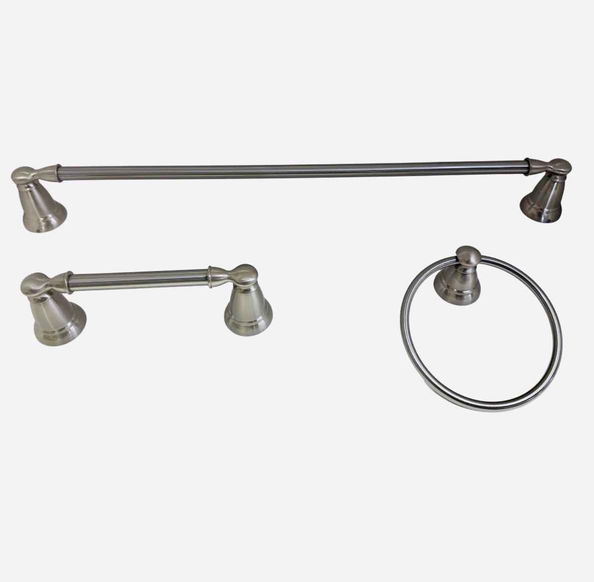 Y2633BN 3-Piece Bathroom Hardware Set with 24 in. Towel Bar, Toilet Paper Holder and Towel Ring in Brushed Nickel