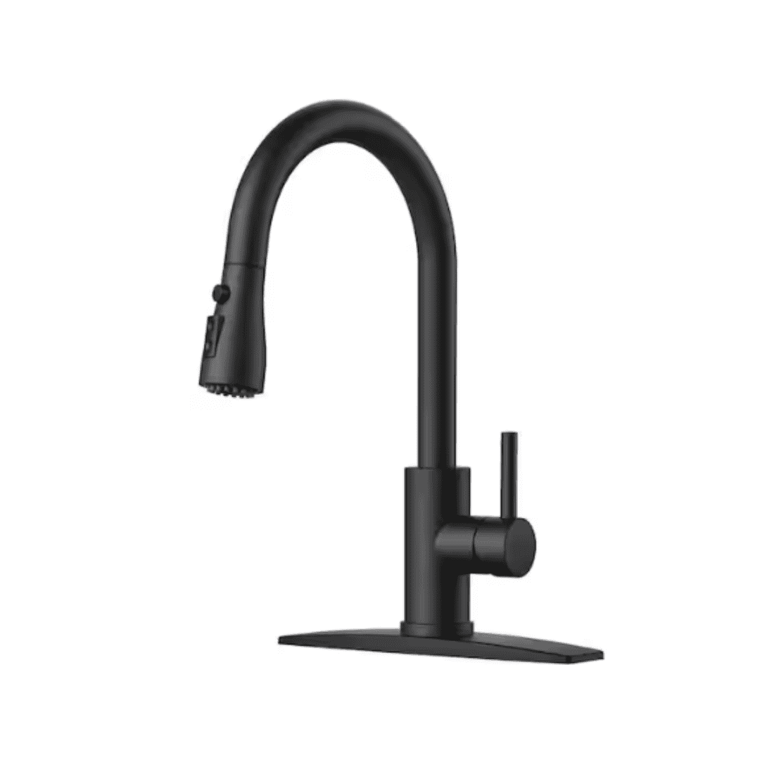 Androme H0023CB Gooseneck Single Handle Pull Down Sprayer Kitchen Faucet with Deckplate and Flexible Hose Pull Out Spout in Matte Black