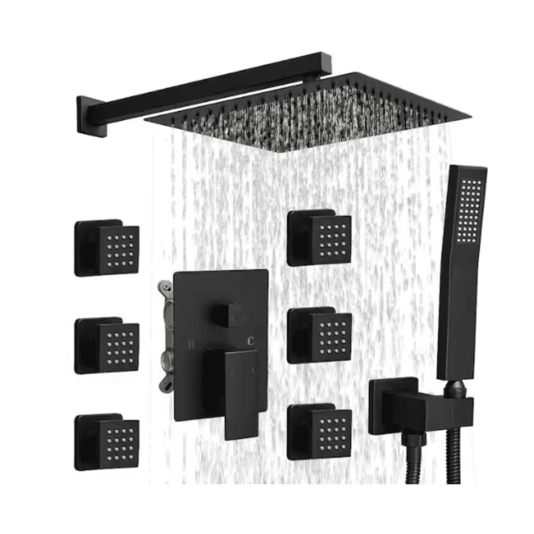 BWE A-95020-10-B Single Handle 3-Spray Wall Mount Shower Faucet Handheld Shower Head 2.5 GPM with High Pressure 6-Jets in. Matte Black