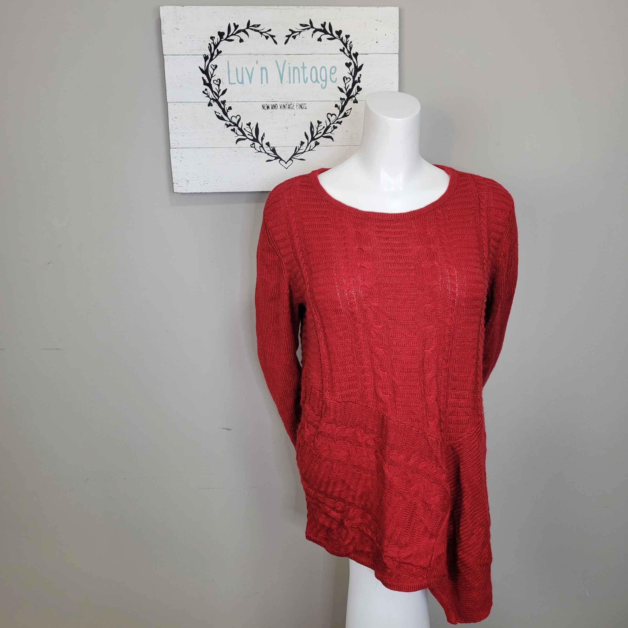 Dana Buchman Red Cable Knit Asymmetrical Hem Sweater Women’s XL