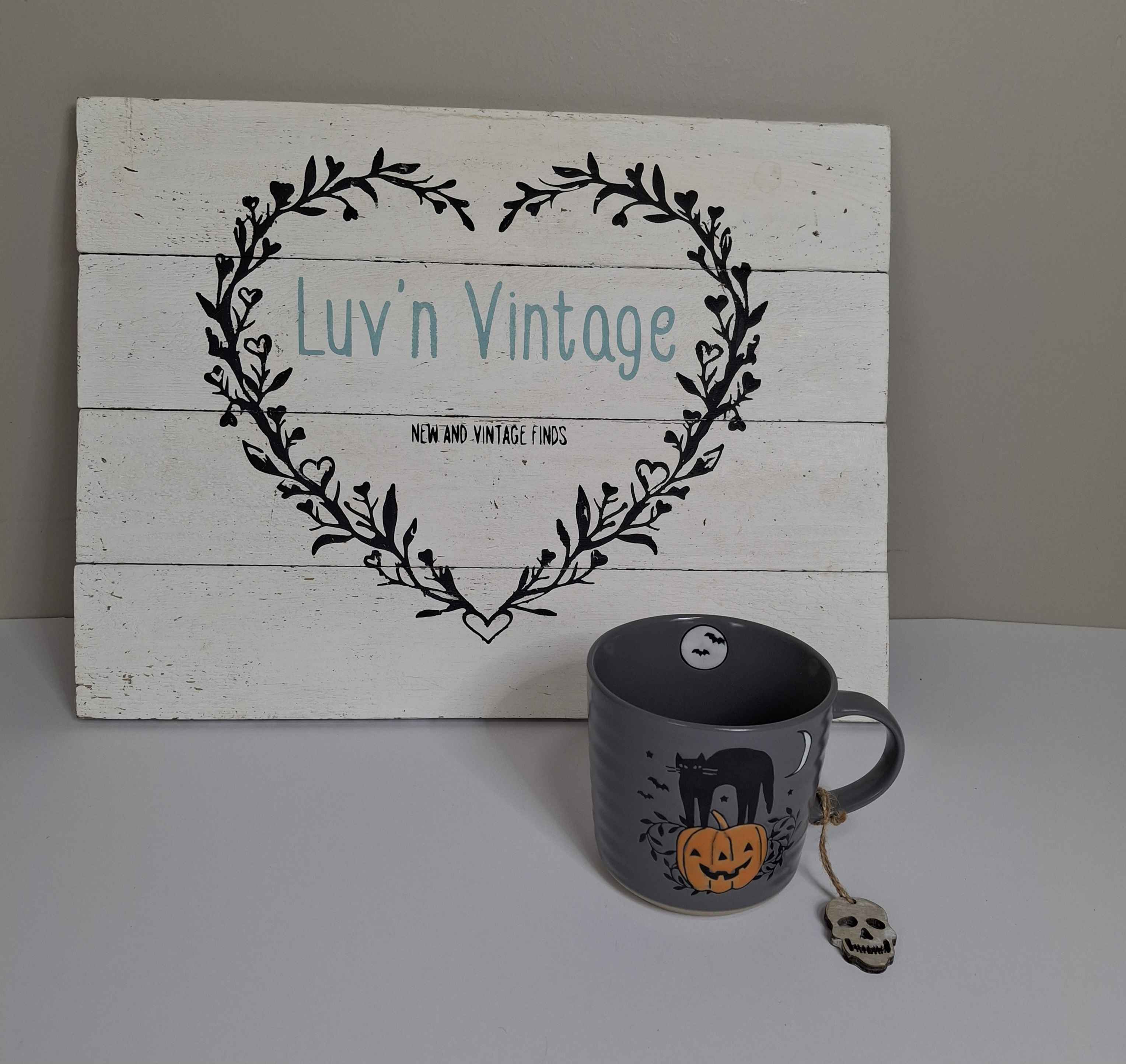 Prima Design Halloween Mug Black Cat Pumpkin Bat Moon Gray Ceramic