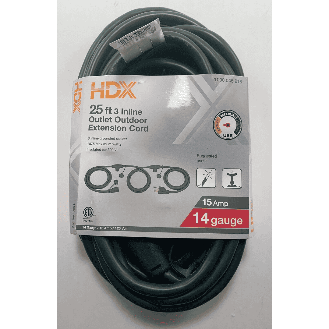 HDX 1000 045 916 25ft 14 Gauge 3 Inline Outlet Outdoor Extension Cord Green