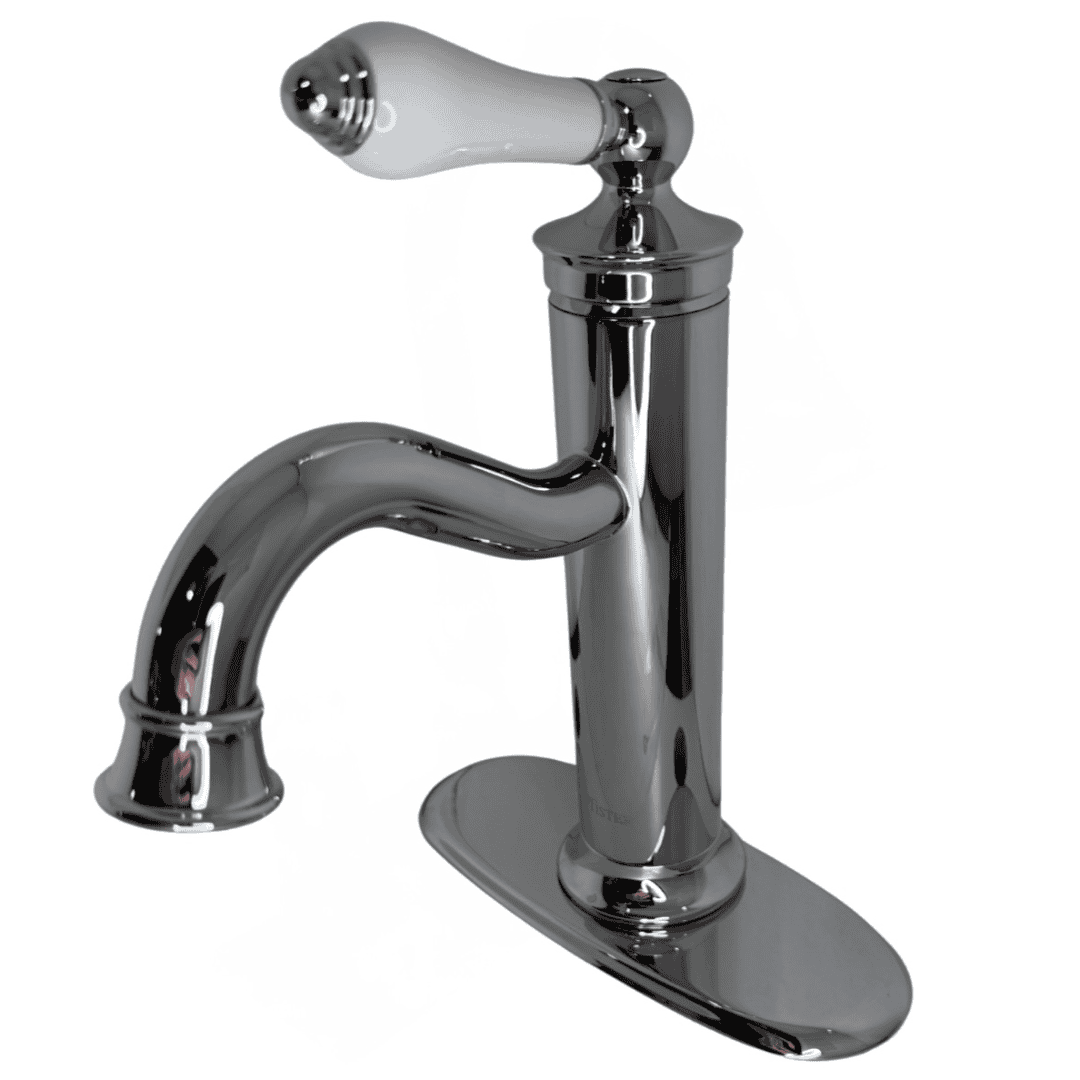 LF-042-COCC Single-Handle Single-Hole Bathroom Faucet with Deckplate and Drain Kit in Polished Chrome with Porcelain Handle