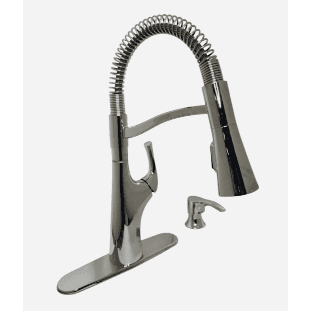 F529-7LRCC Single-Handle Pull-Down Sprayer Kitchen Faucet with Deckplate and Soap Dispenser in Polished Chrome