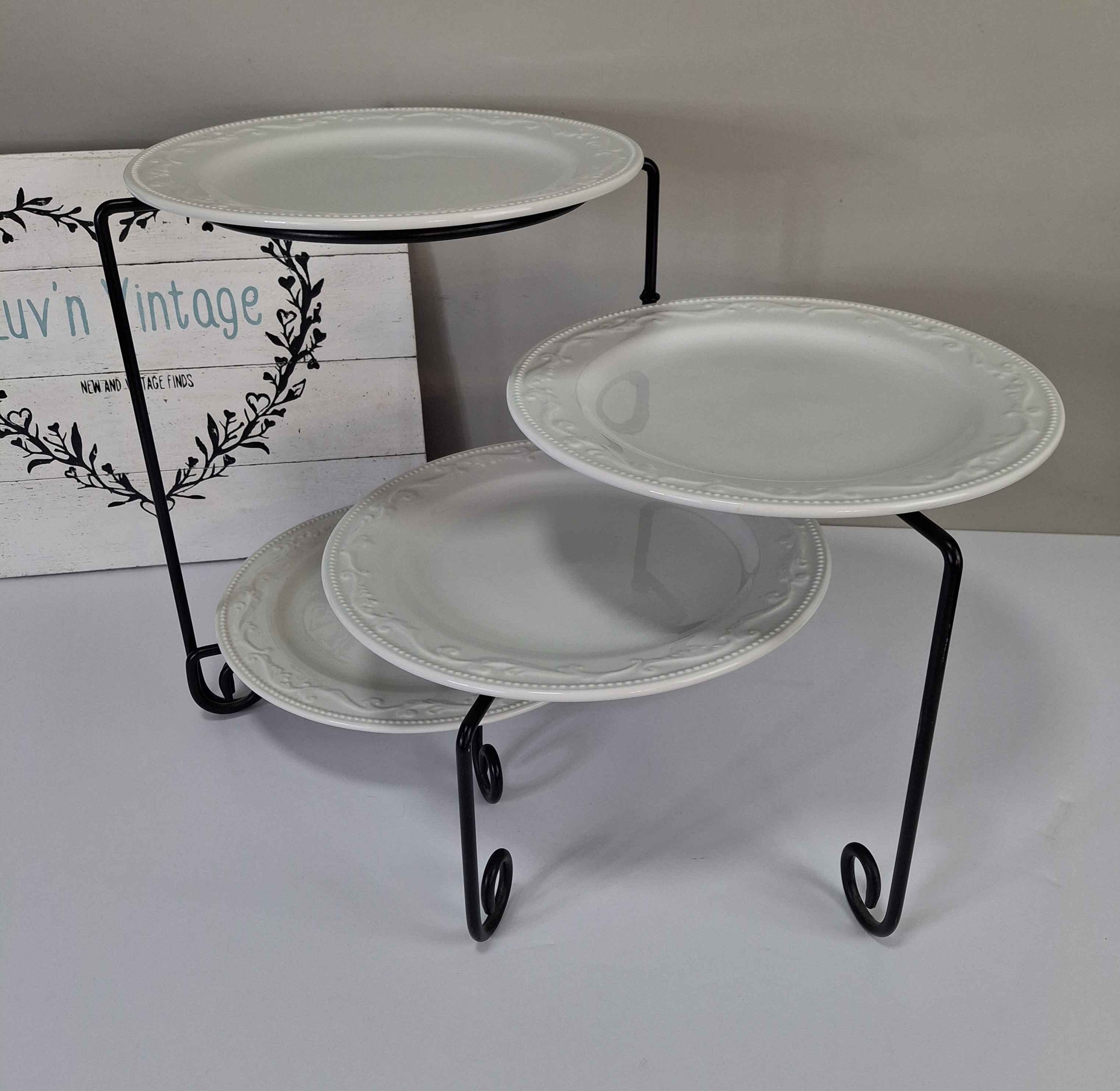 white-ceramic-plate-display-stand-black-metal-tiered-server-appetizer-dessert