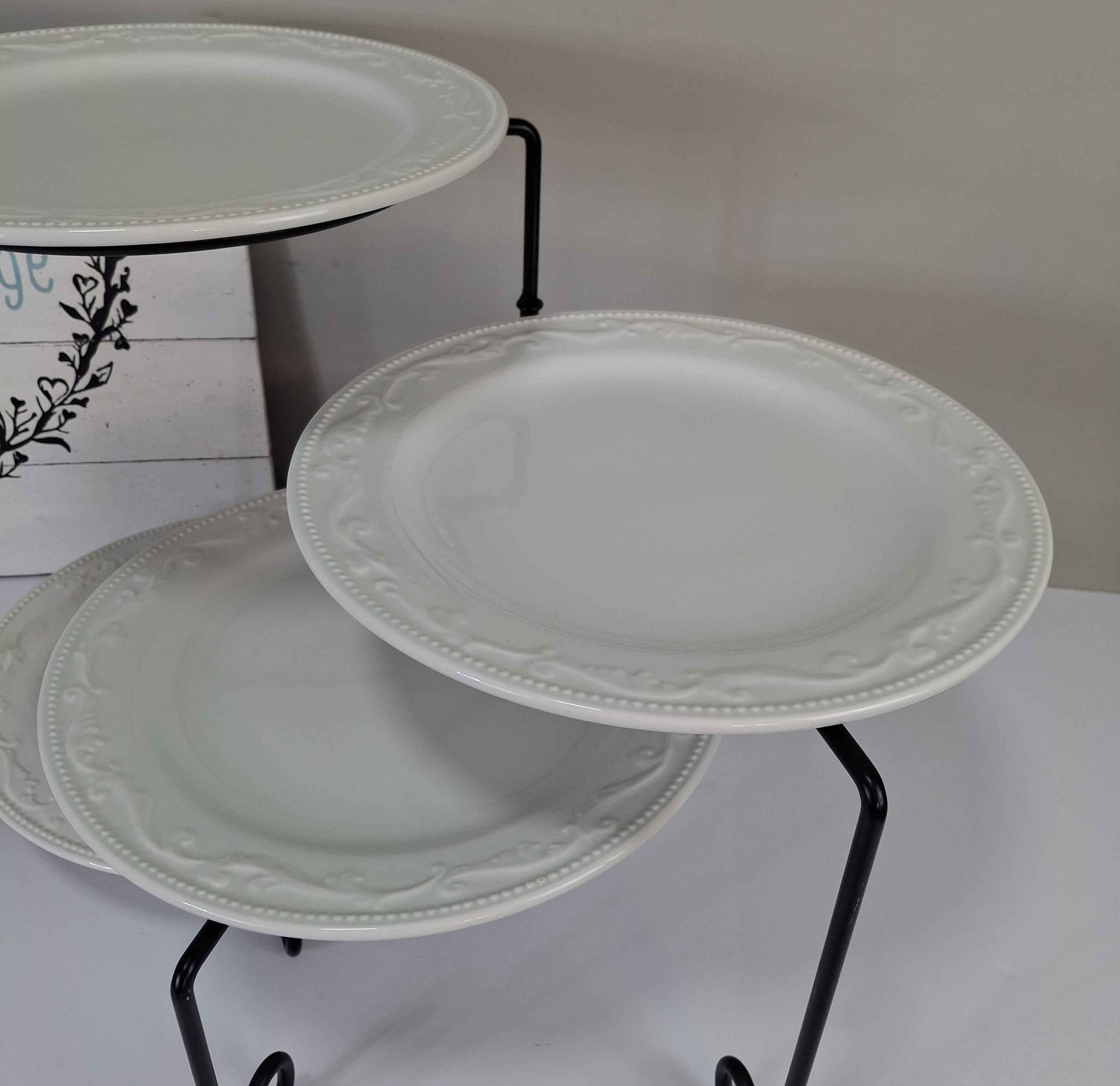 white-ceramic-plate-display-stand-black-metal-tiered-server-appetizer-dessert