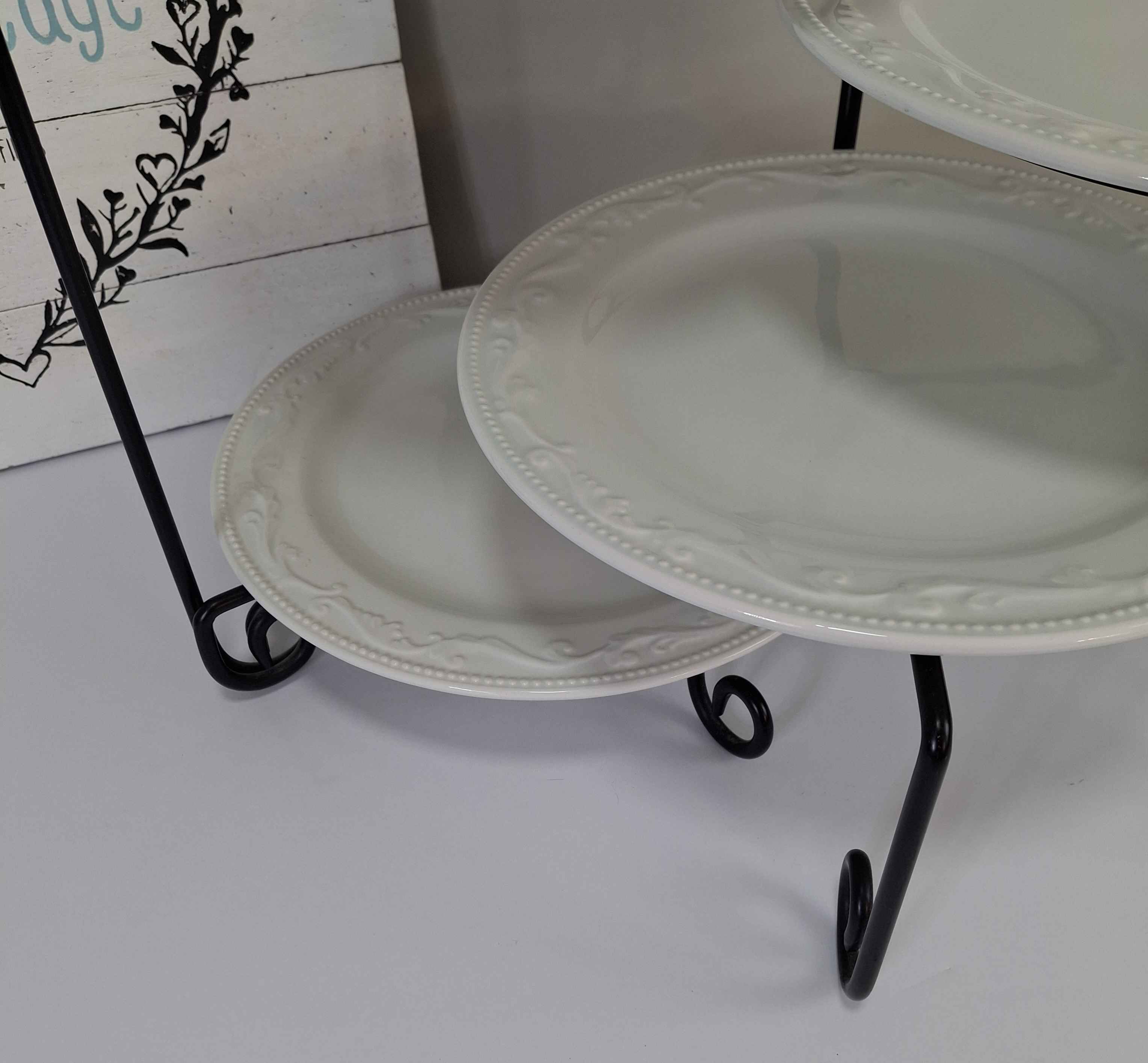 white-ceramic-plate-display-stand-black-metal-tiered-server-appetizer-dessert